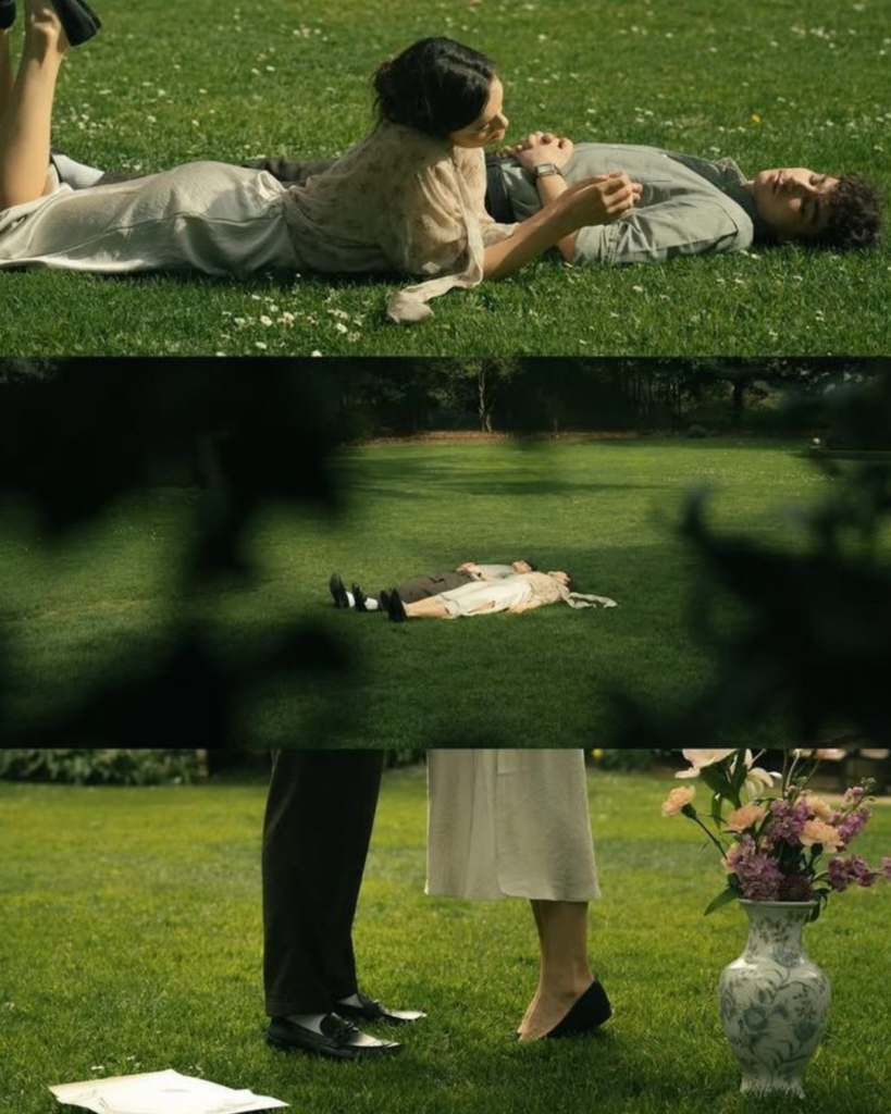 People resting on the grass in a quiet park