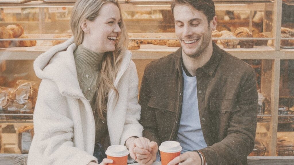 Couple laughing on a coffee date